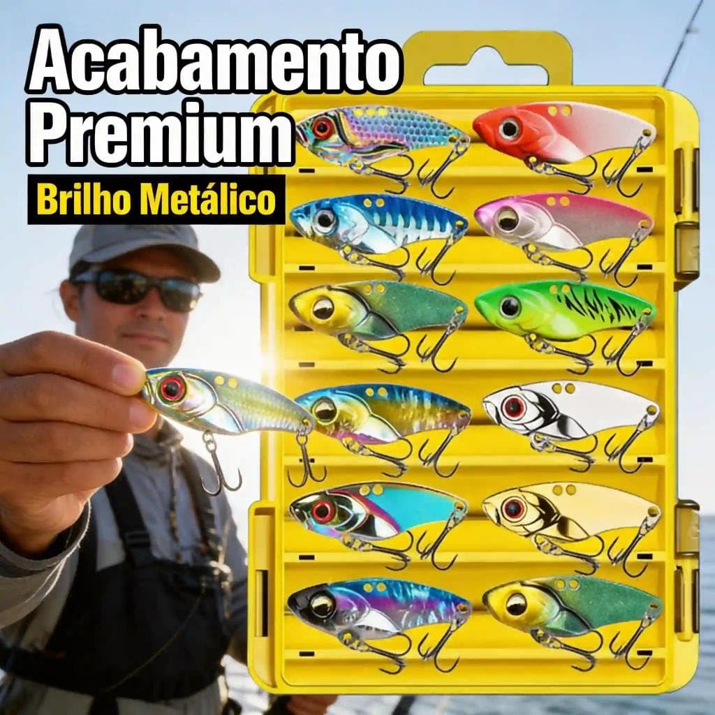 Kit 12 Iscas VIB Artificiais com Olhos 3D Realistas + Caixa Amarela de Armazenamento | Garfos Triplos Afiados | Acabamen