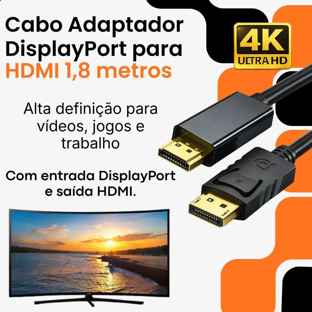 Cabo Adaptador Displayport Para Hdmi 1.8 Metros 4k