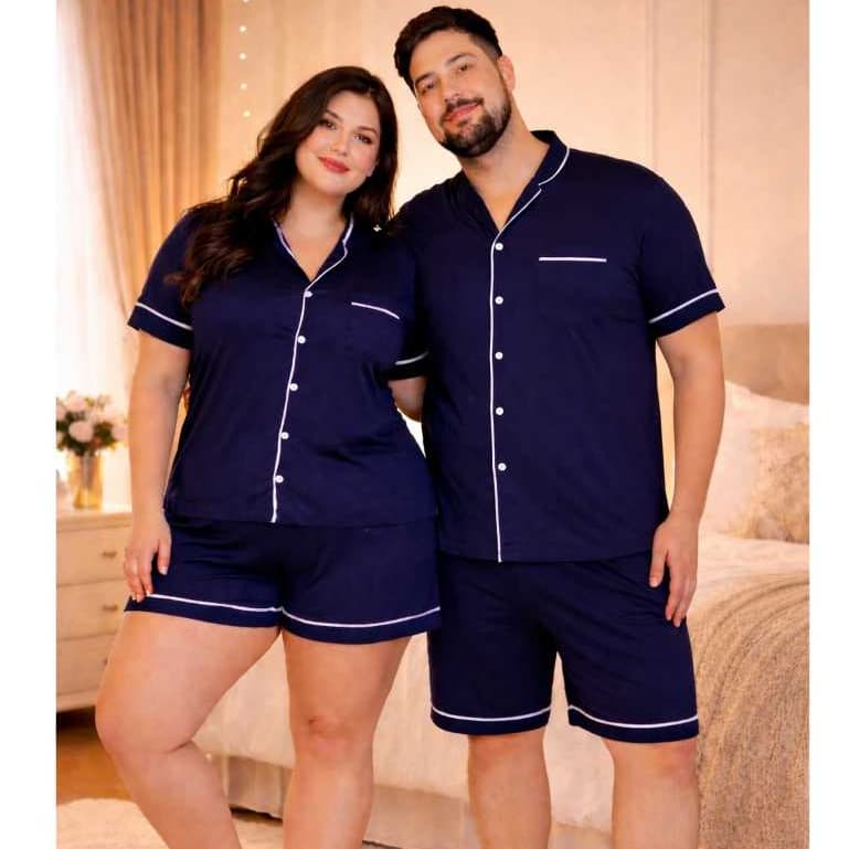 Pijama Americano Plus Size Curto De Algodão Unissex Aberto Botões
