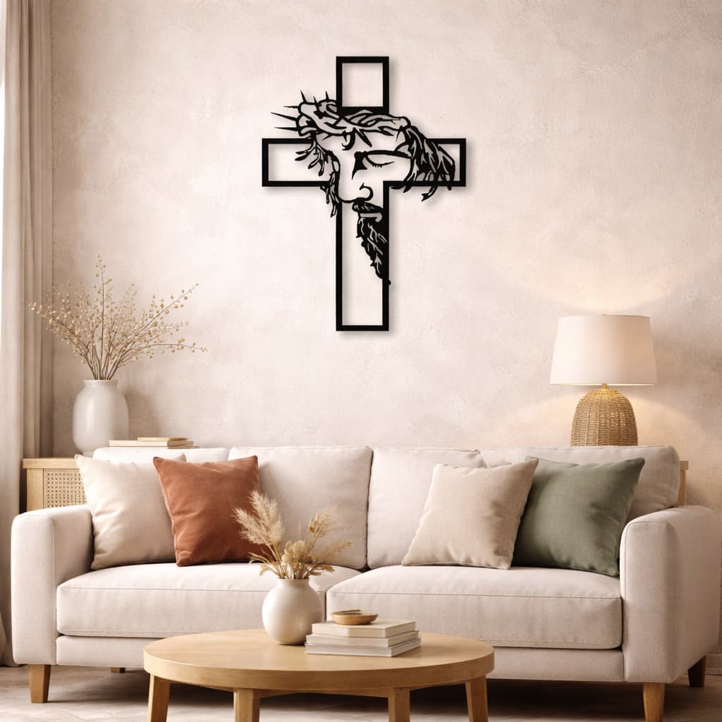 Quadro Decorativo Vazado Para Parede Face Jesus Cristo Crucifixo Religioso MDF Preto
