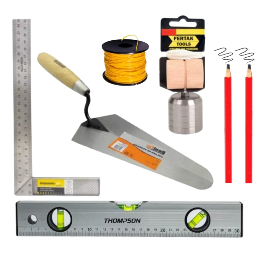 Kit Ferramentas Pedreiro Essencial Colher, Nível, Prumo, Lápis, Esquadro Alumínio , Linha - 7 Peças