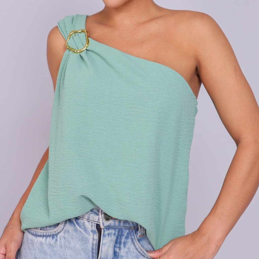 Blusa Feminina Fivela Orgânica Dourada  Elegante Tecido Duna Ombro Manga Mula Alça Única M G GG