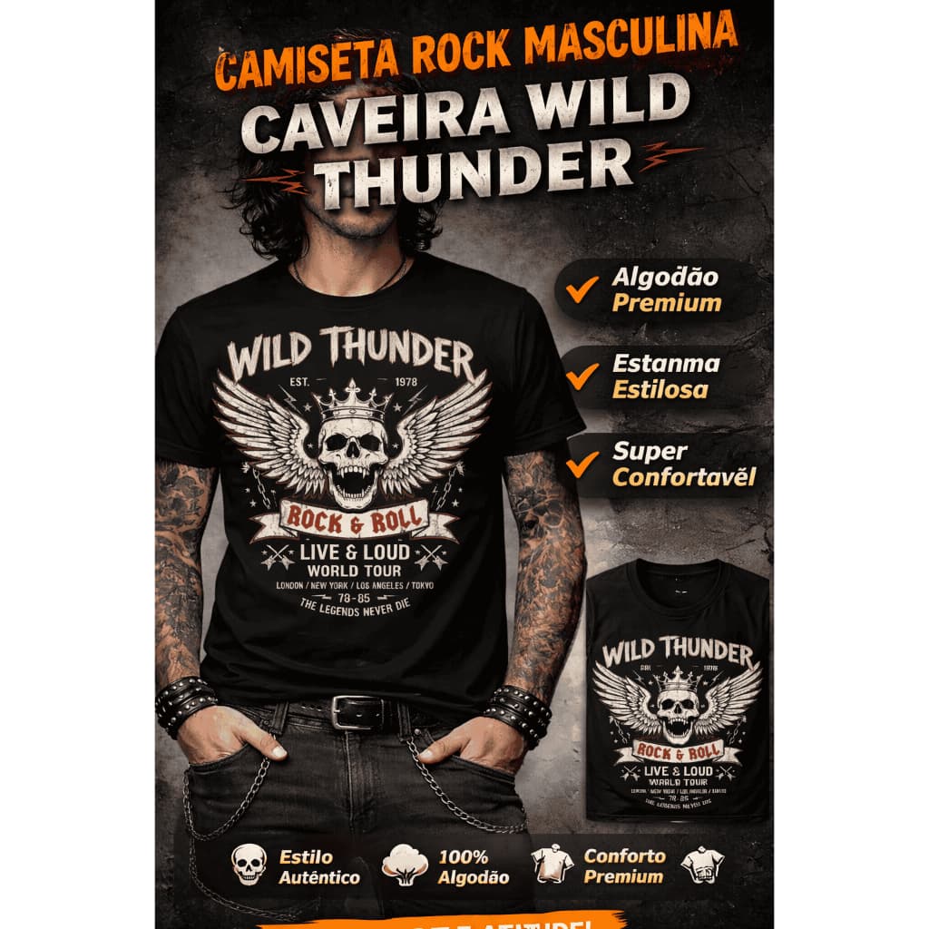 Camiseta Rock Masculina Caveira Wild Thunder | Estampa Rock and Roll Vintage | Algodão Premium Confortável