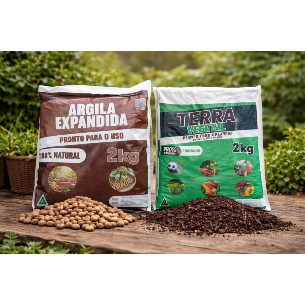 Kit Drenagem Terra Preta Adubada 2kg+ Argila Expandida 2kg Mais saúde para suas plantas e flores