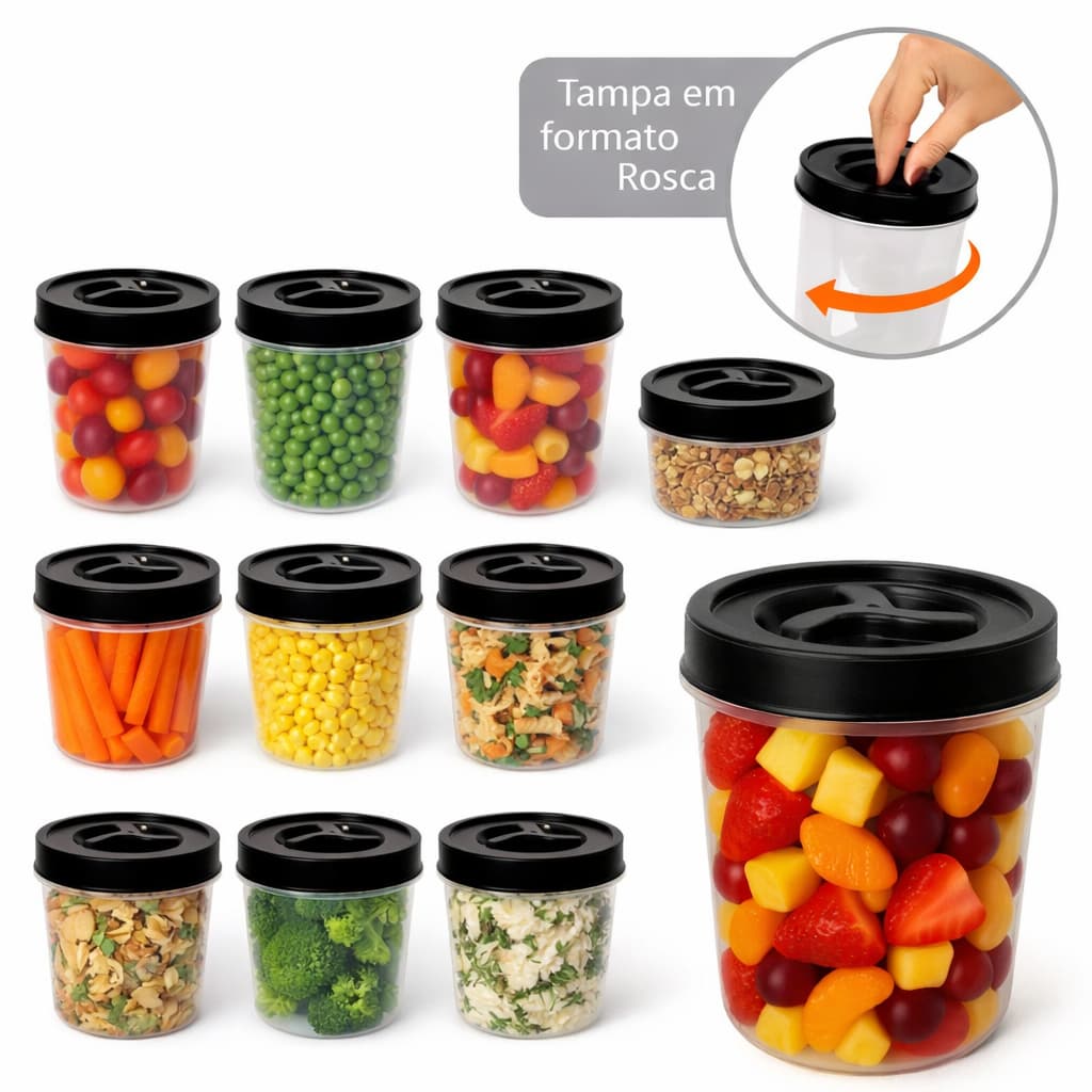 Kit Potes Redondo 800ml Tampa  Com Rosca Preta Bpa Free Pote Mantimentos Tempero Potinho