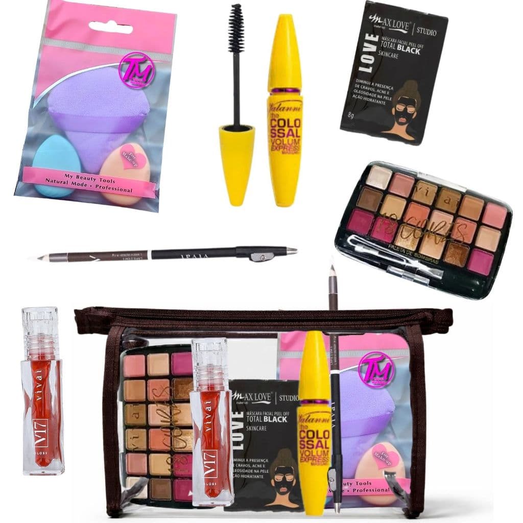Kit Maquiagem Completo Com Necessaire Transparente Paleta Rímel Gloss e Esponja