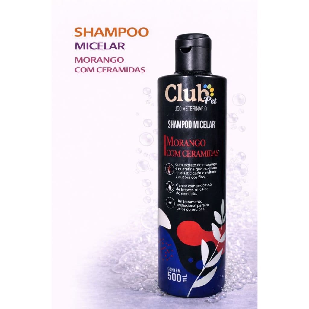 Shampoo Micelar Morango com Ceramidas Pet Cães e Gatos Brilho e Maciez 500ml Club Pet