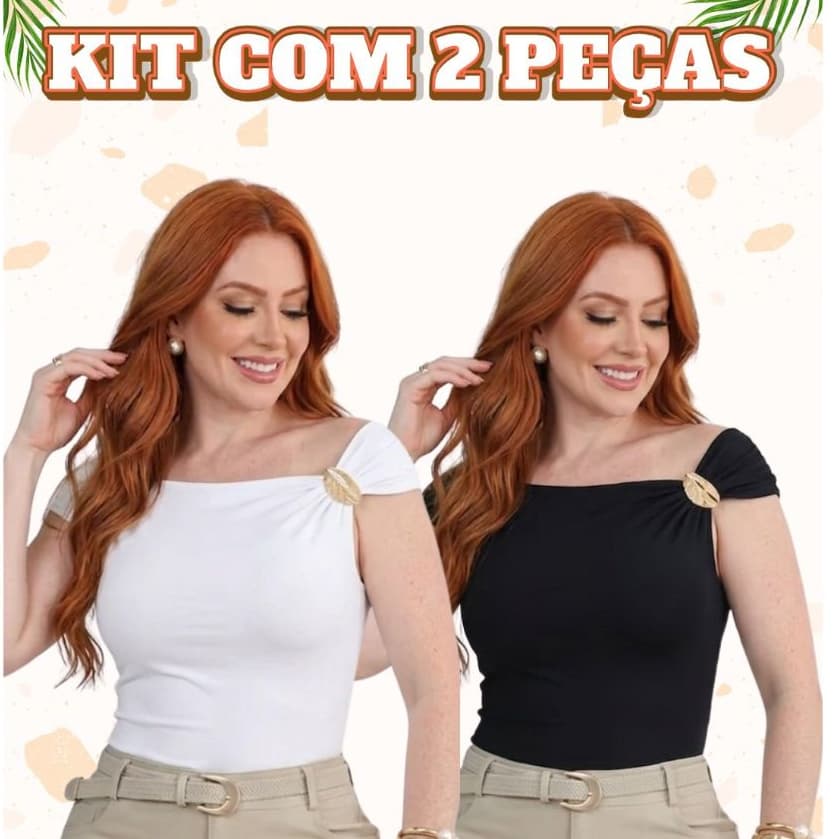 Kit 2 Blusas Feminina Elegante Suplex Premium Fivela Dourada Casual Social Ombro a Ombro