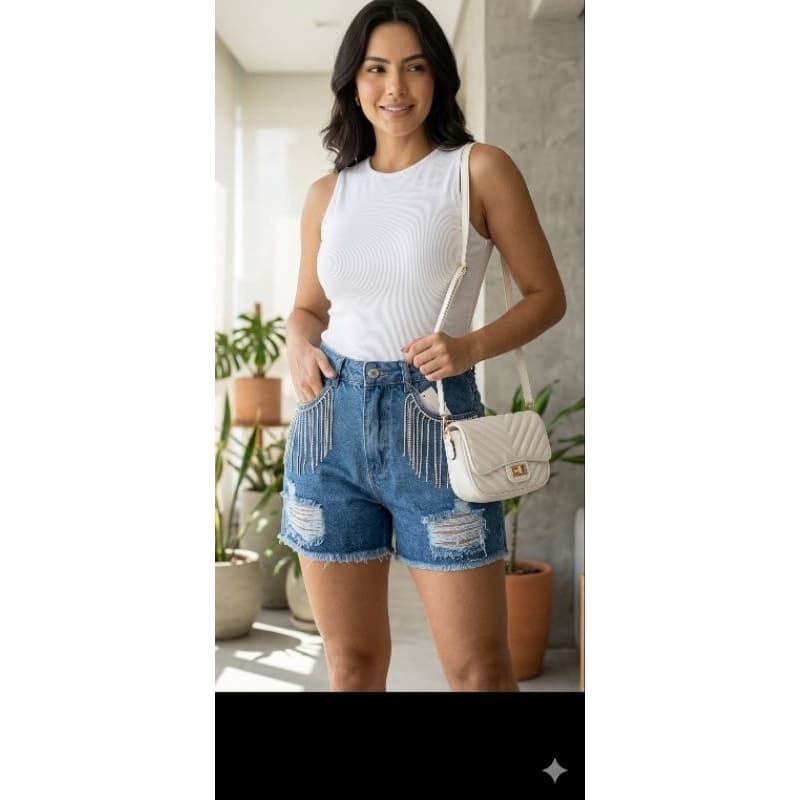Short Jeans Detonado com Aplicação Strass e Pedraria Tendência