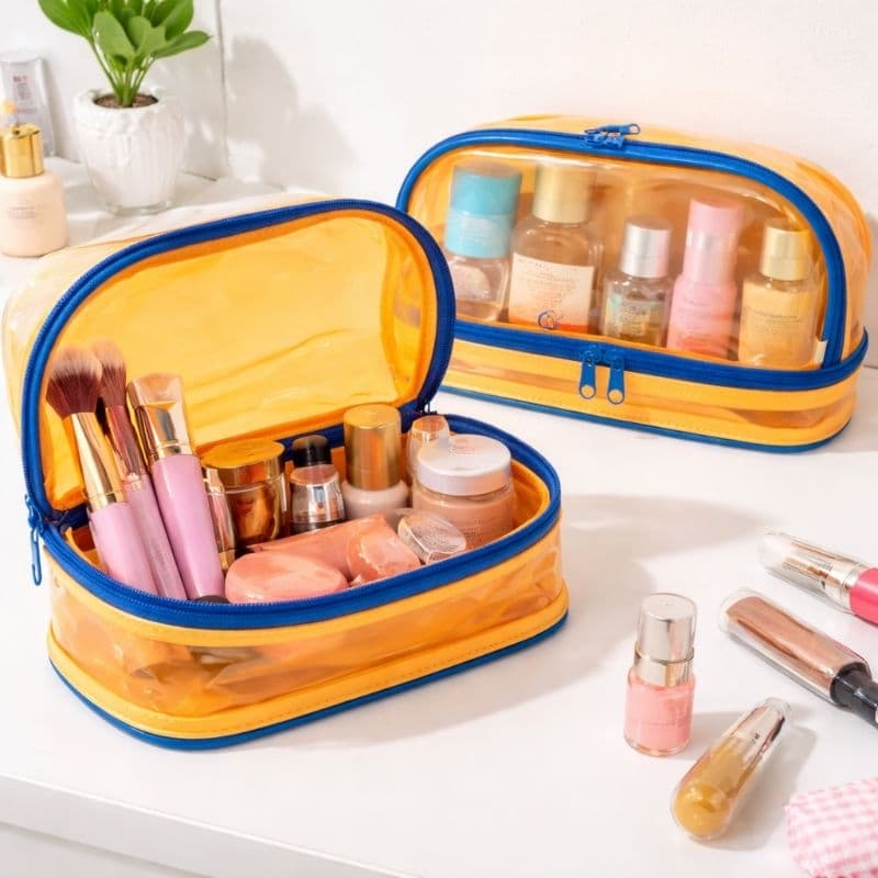 kit com dois estojos feminino/nécessaire duplo plástico cristal neon