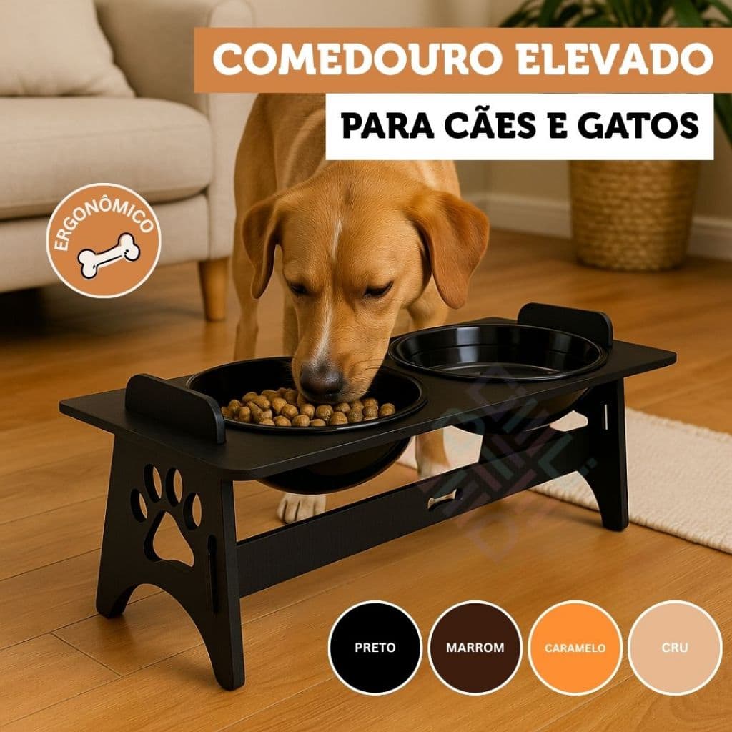 Comedouro Pet Elevado MDF Potes Duplo Para Cachorro E Gato Ergonômico Suporte Com Tigelas E Tampas