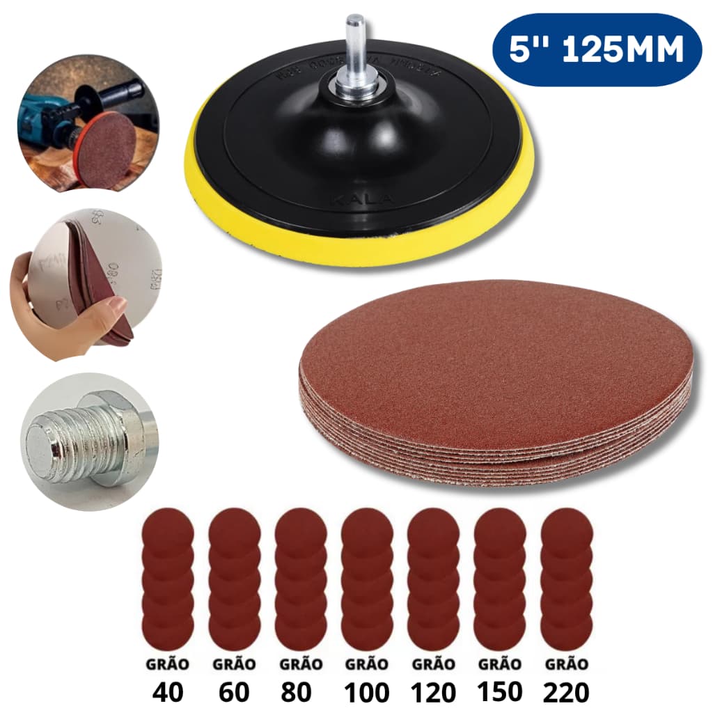 Suporte De Lixa De Velcro 125mm + 10 Disco De Lixa + Adaptador Para Uso Em Parafusadeira E Furadeira