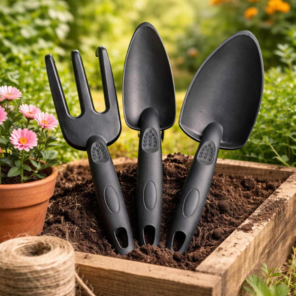 Kit Jardinagem 3 Peças Pá Pazinha Rastelo Plástico Resistente Plantas Jardim