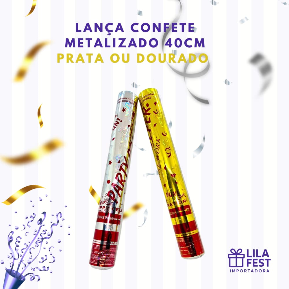 Lança Confete Metalizado 40cm 1/2/4/6Unid Estoura Prata Dourado Festa Aniversário