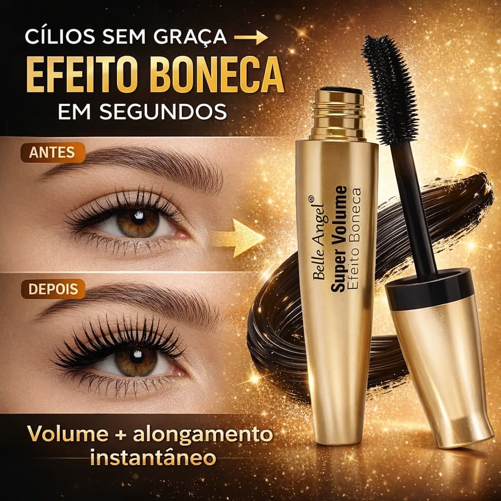 Máscara de Cílios Volume Efeito Boneca Belle Angel 18ml Preto Alongador e Definição Profissional
