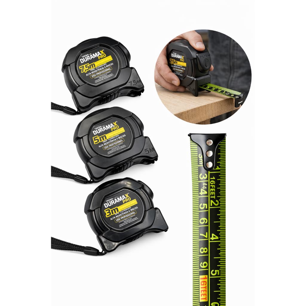 Trena Fita Métrica Aço Carbono Trava Automática Fluorescente Profissional Duramax 3m 5m 7,5m