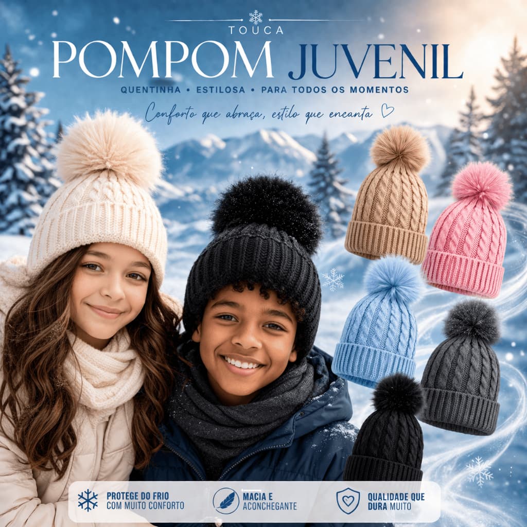 Touca Gorro com Pompom Forrada Juvenil Unissex Touca Pom Pom Fofinho Menino Menina até 12 Anos
