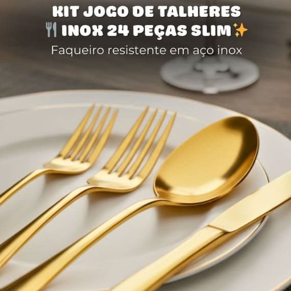 Conjunto Premium Talher 24 Peças - Dourada-Kit Jogo Inox Mesa Posta-Garfo,Faca,Colher Sobremesa