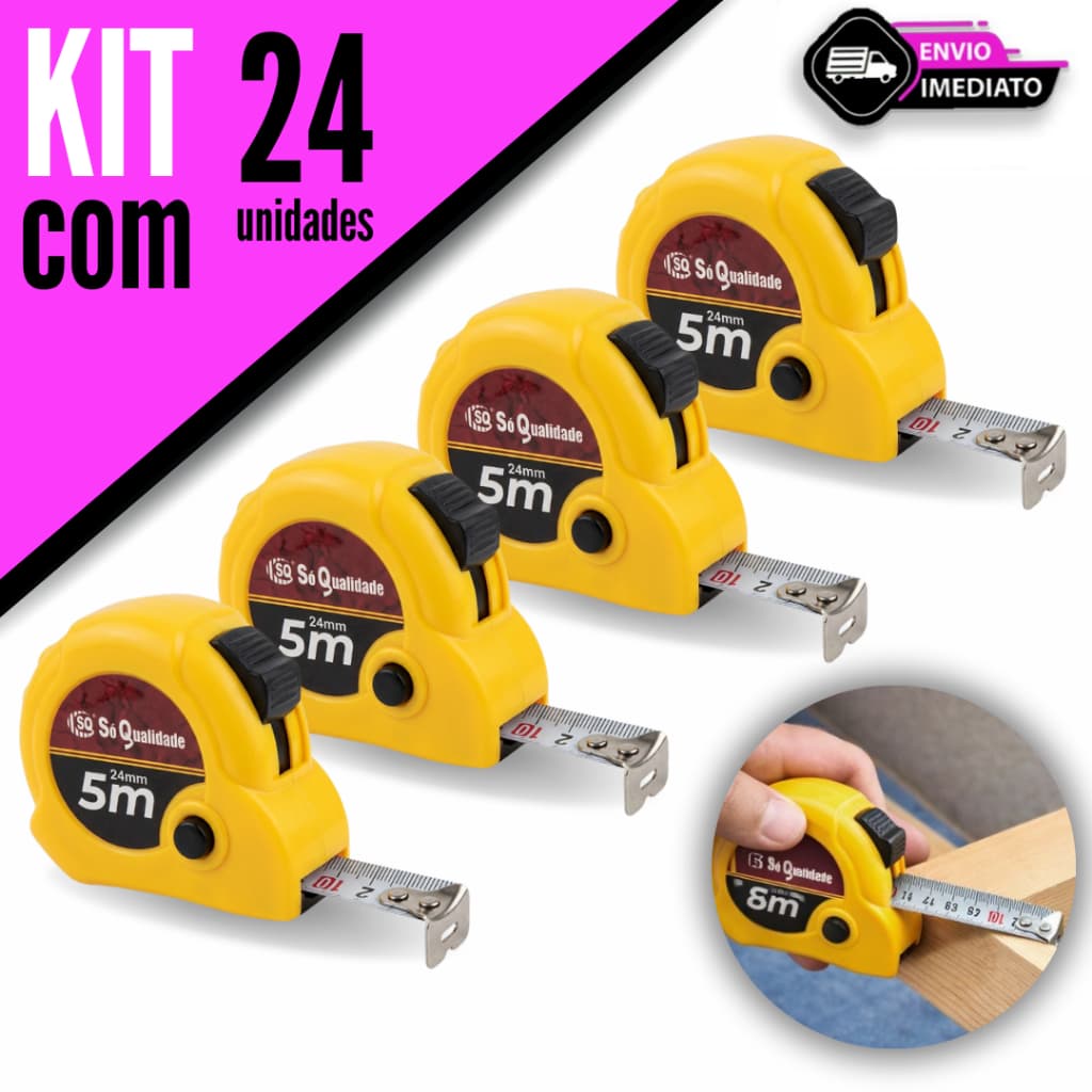 Kit 24/18/12/10 Unidades Trenas Métrica Profissional 5 Metros x 24mm Fita Larga Resistente Com Trava