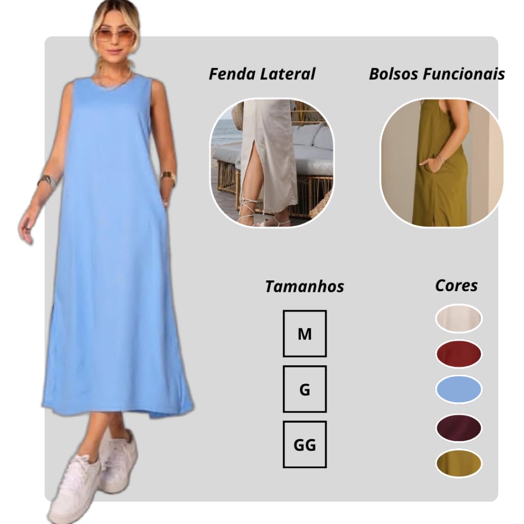 Vestido Midi Casual Elegante Femenino Tecido Leve Linho com Viscose