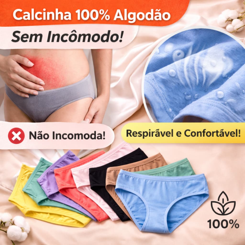 Kit Calcinha Algodão Feminina com Forro 100% Cotton Confortável Não Marca Não Aperta Tanga Lisa