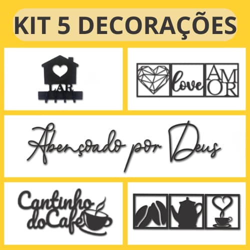 Kit 5 Quadro MDF Preto Porta Chaves Quadro Amor Letreiro Cantinho do Café e Abençoado por Deus