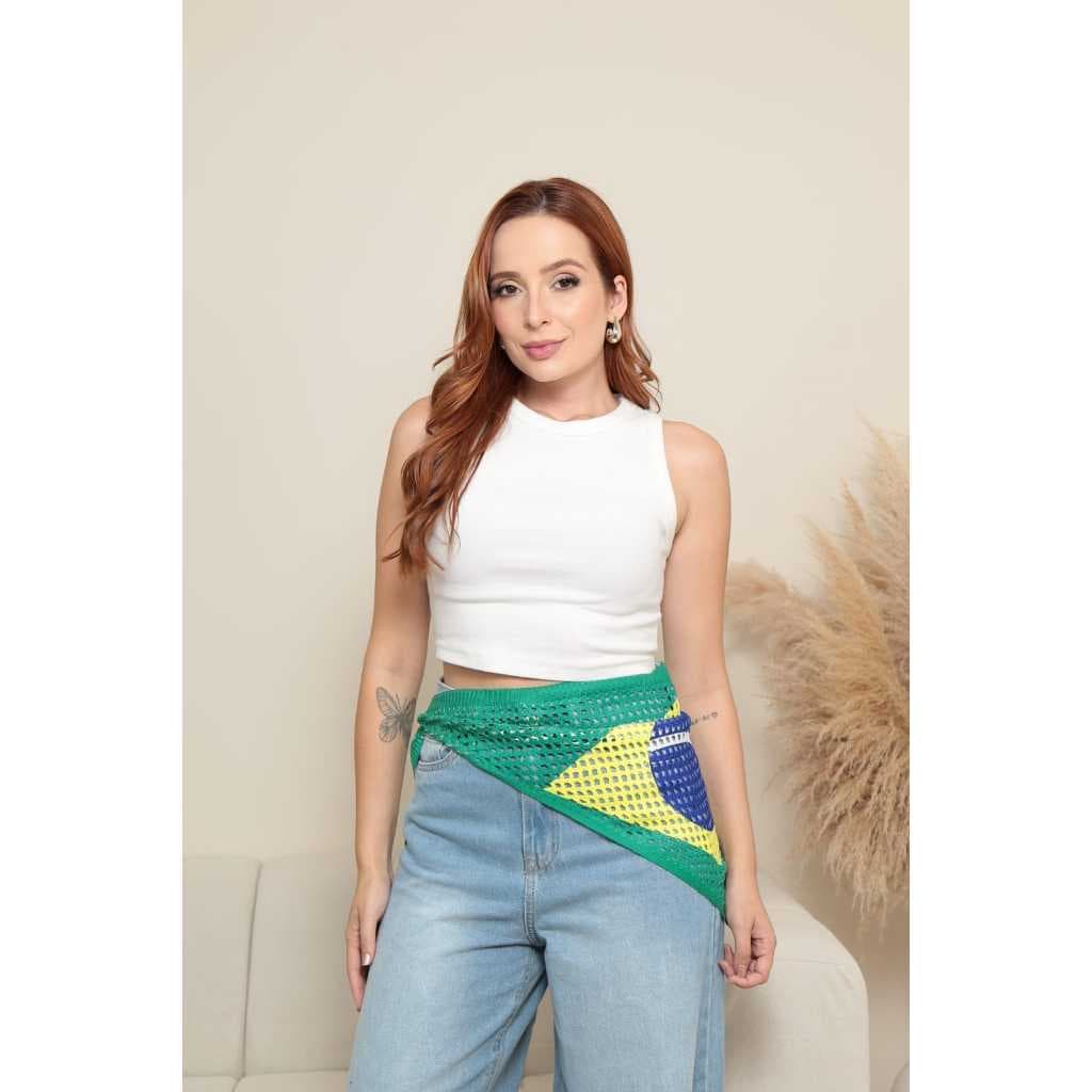 3 Lenços Bandanas do Brasil Tricot Rendado tipo Crochet Faixa de Cintura Crooped kit Família Copa 2026