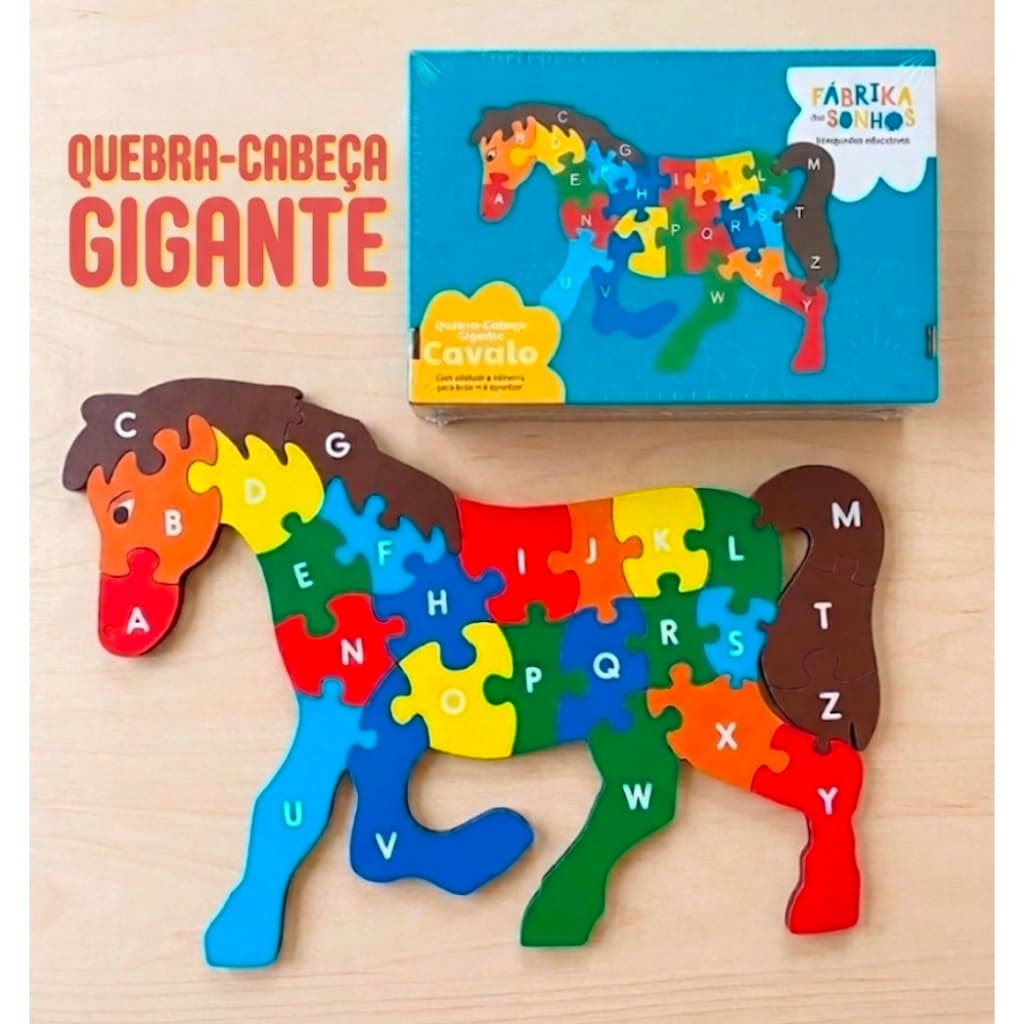 Quebra-Cabeça Gigante Cavalo Peças em MDF Alfabeto e Números Educativo Infantil  3+