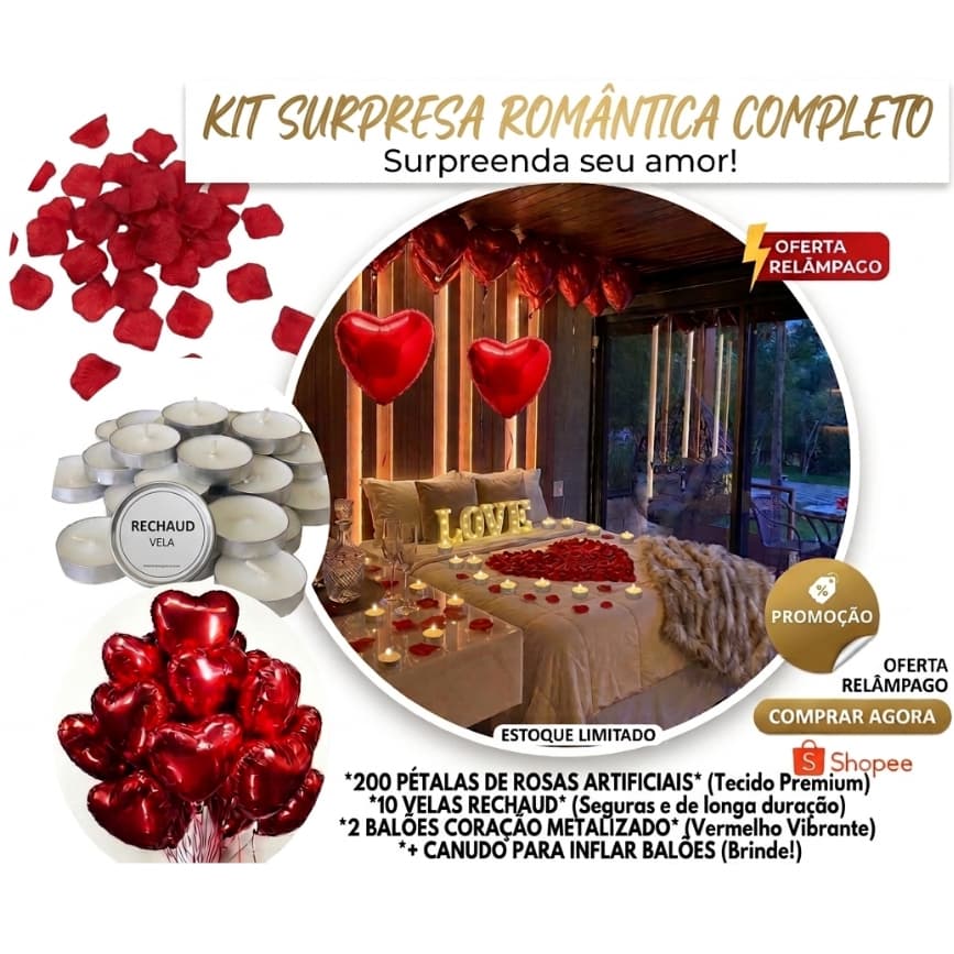 Kit Noite Romântica: 200 Pétalas Rosas + 10 Velas Rechaud + 2 Balões Coração 45cm - Surpreenda seu Amor!
