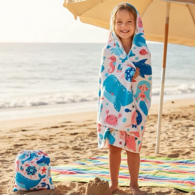 Toalha Praia Infantil Poncho Com Capuz Tuquinha Mangue Microfibra Secagem Rápida 60x120cm