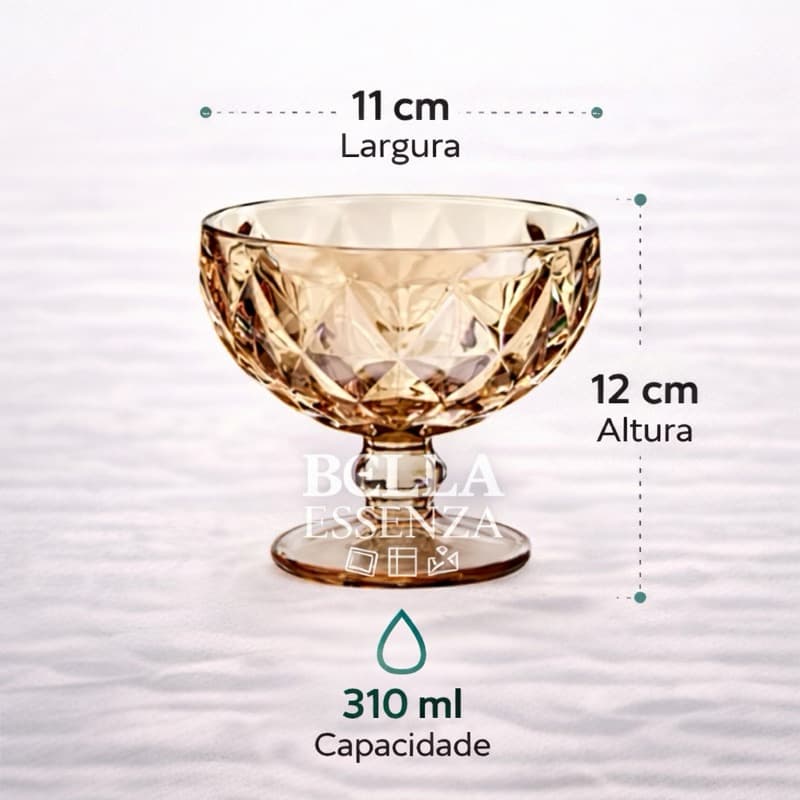 Kit Conjunto 6 Peças Taças Sobremesa Vidro Diamond 310ml Reforçado Resistente Elegante