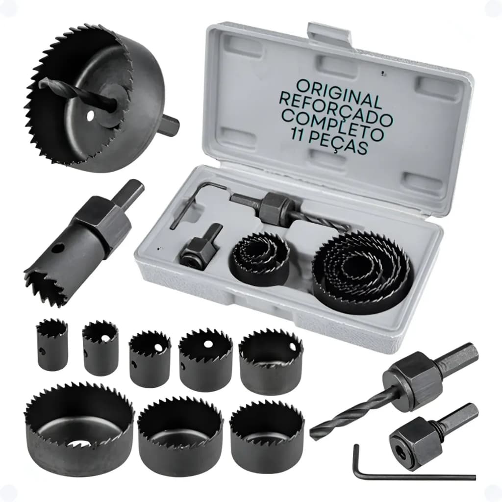 Kit jogo Serra Copo Profissional Maleta 11 peças Para Madeira e Gesso + Estojo Profissional Hobby material Aço Carbono