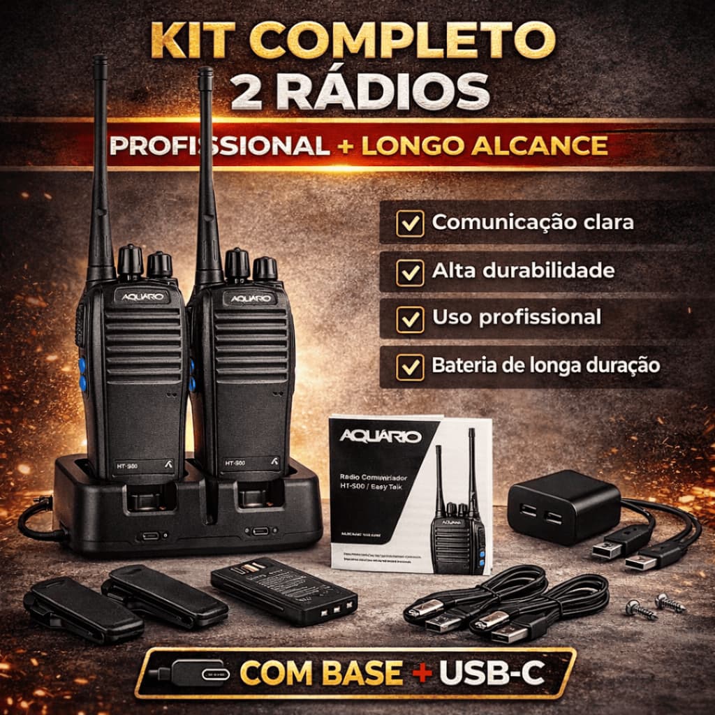 Kit 2 Rádio Comunicador Profissional Longo Alcance USB-C Base Dupla Fone PTT Bateria Anatel