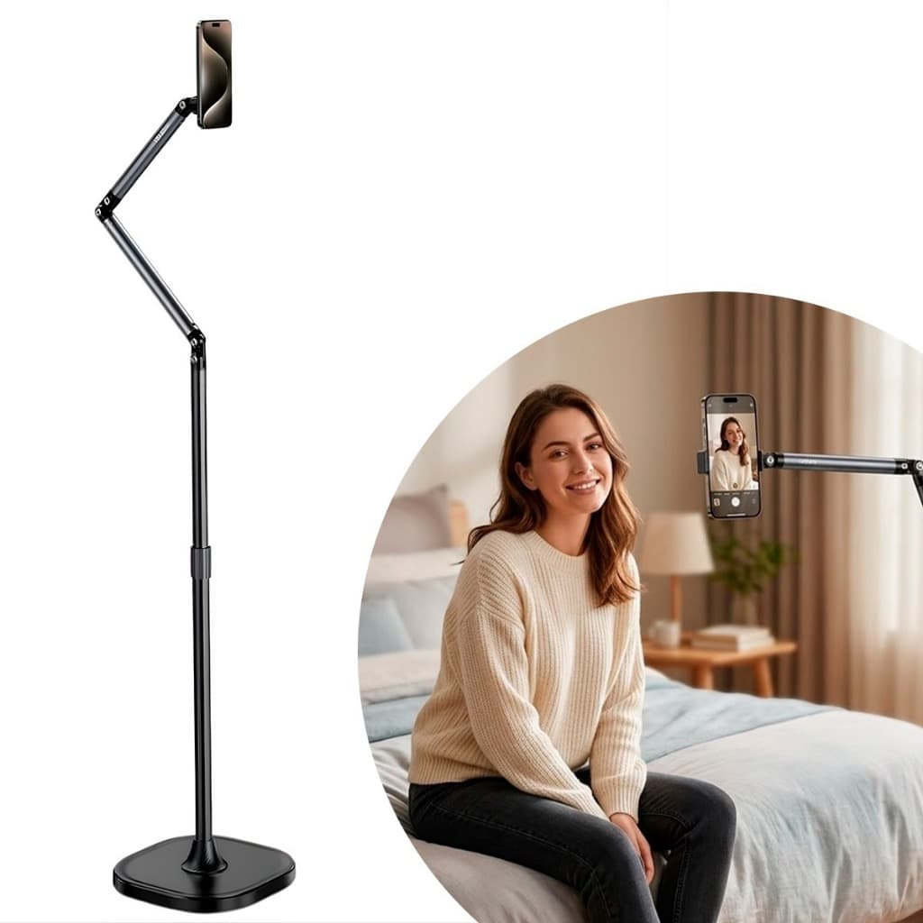 SUPORTE ARTICULADO RECLINAVEL PEDESTAL DE CHÃO PARA CELULAR