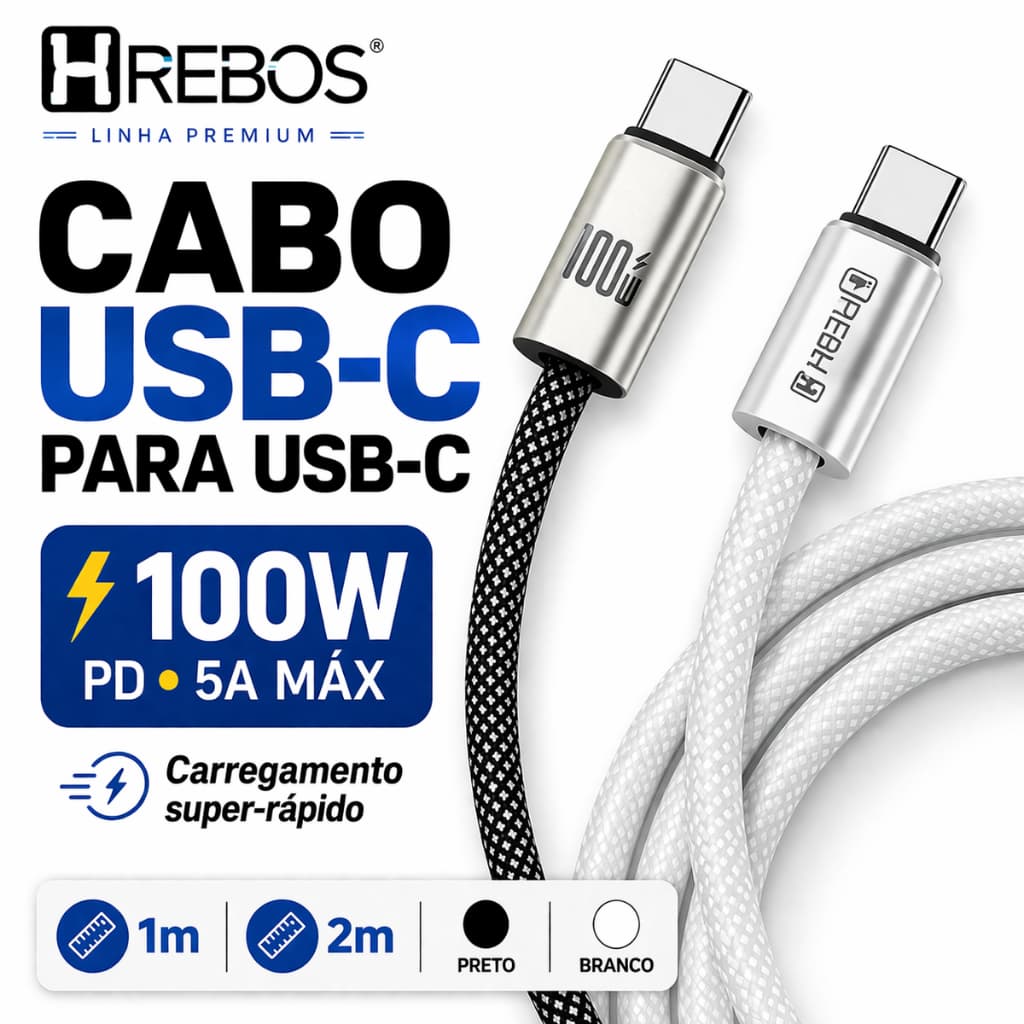 Cabo Tipo C USB-C 100W PD 5A | Carregamento Rápido | 1m/2m | Preto/Branco | Linha Premium