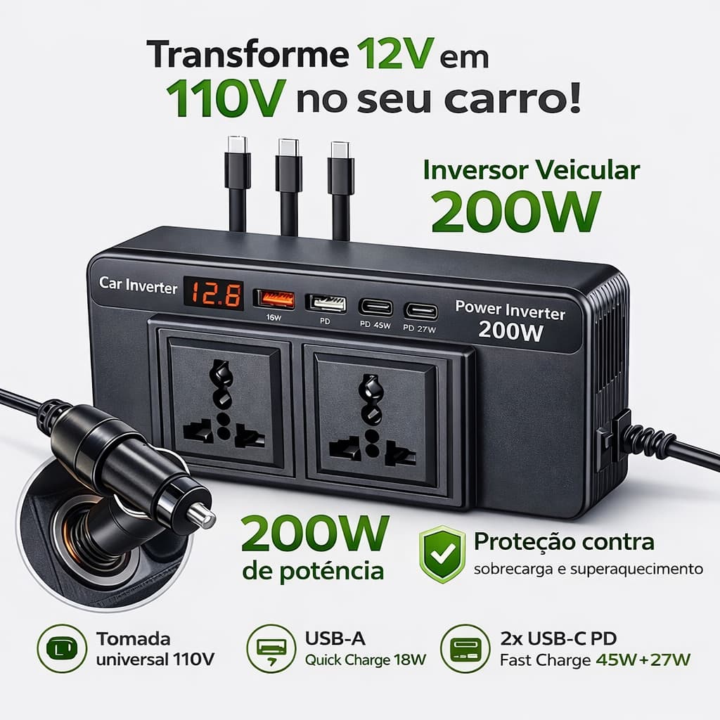 Inversor 12v Para 200w Tensão 4 Usb 2 Tomada 3 Cabo De Dados