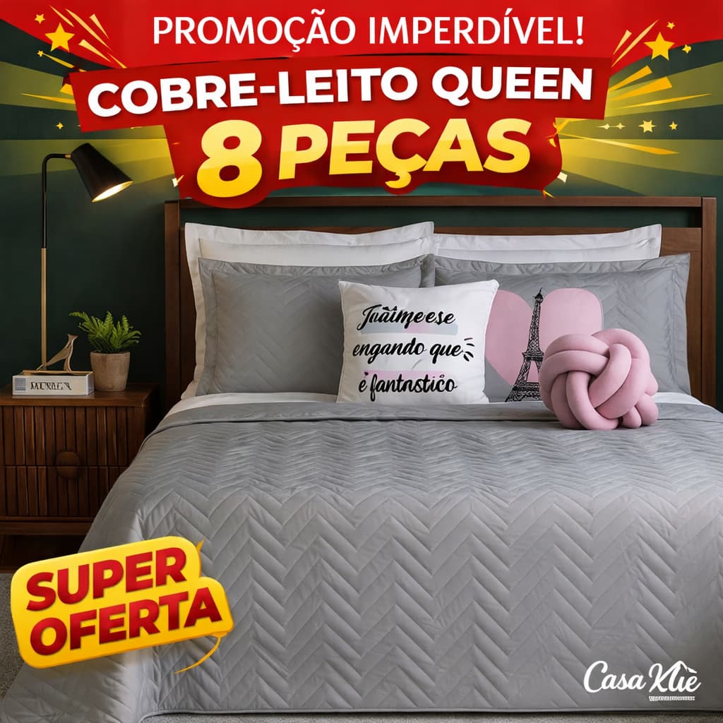 Kit Cobre Leito 08 Peças Elegance Colcha Casal Queen