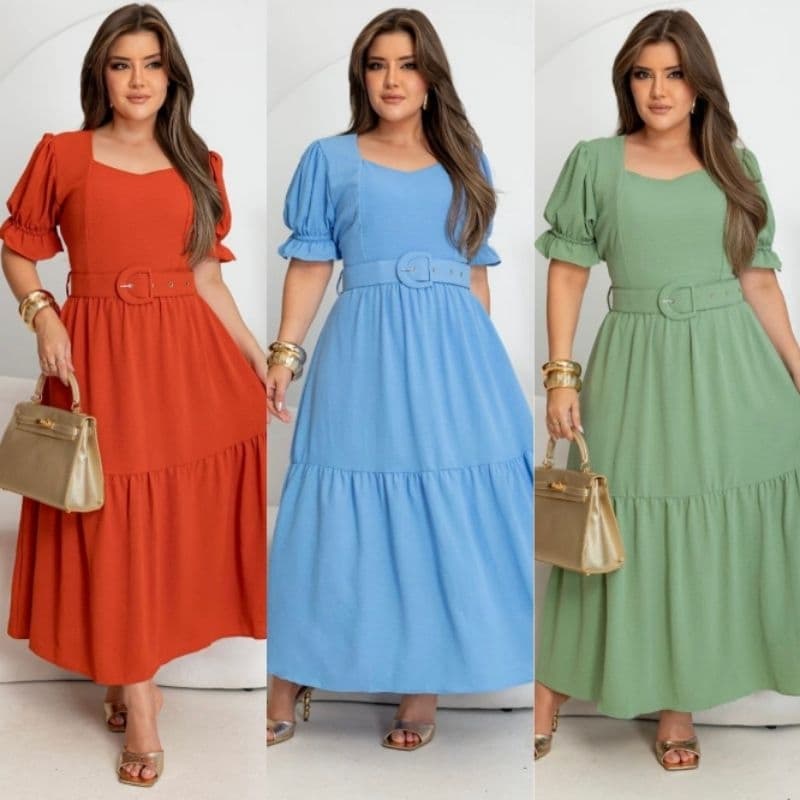 Vestido midi Plus Size, com cinto, moda modestia