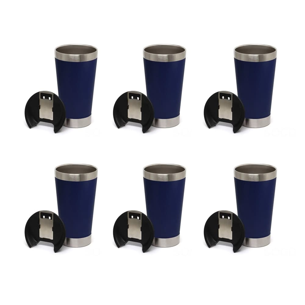 Kit 6 Copos Térmico De Cerveja Café Aço Inox 473ml Com Tampa Azul Esc