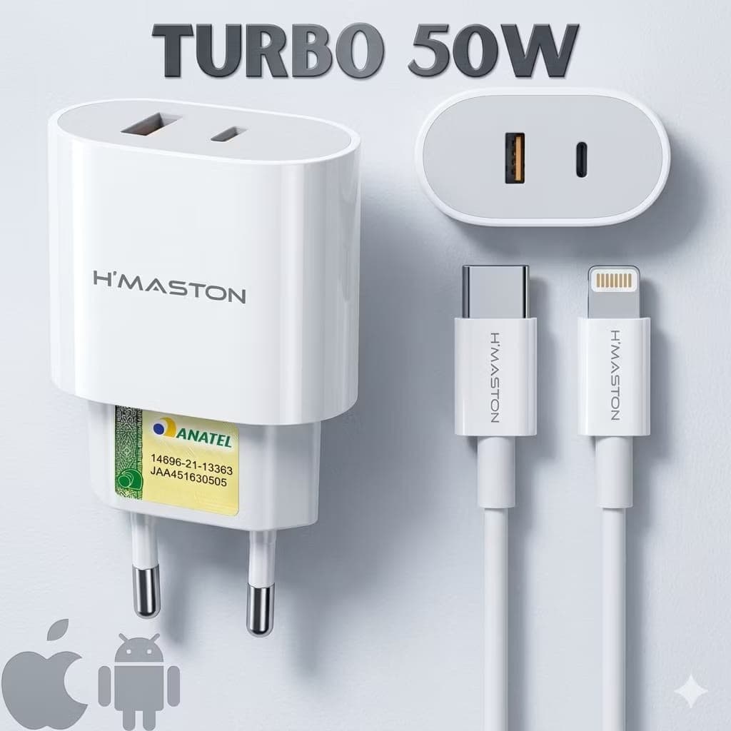 Carregador iPhone Turbo 50W USB-C Tipo C Fonte e Cabo Lightning Anatel Envio Imediato
