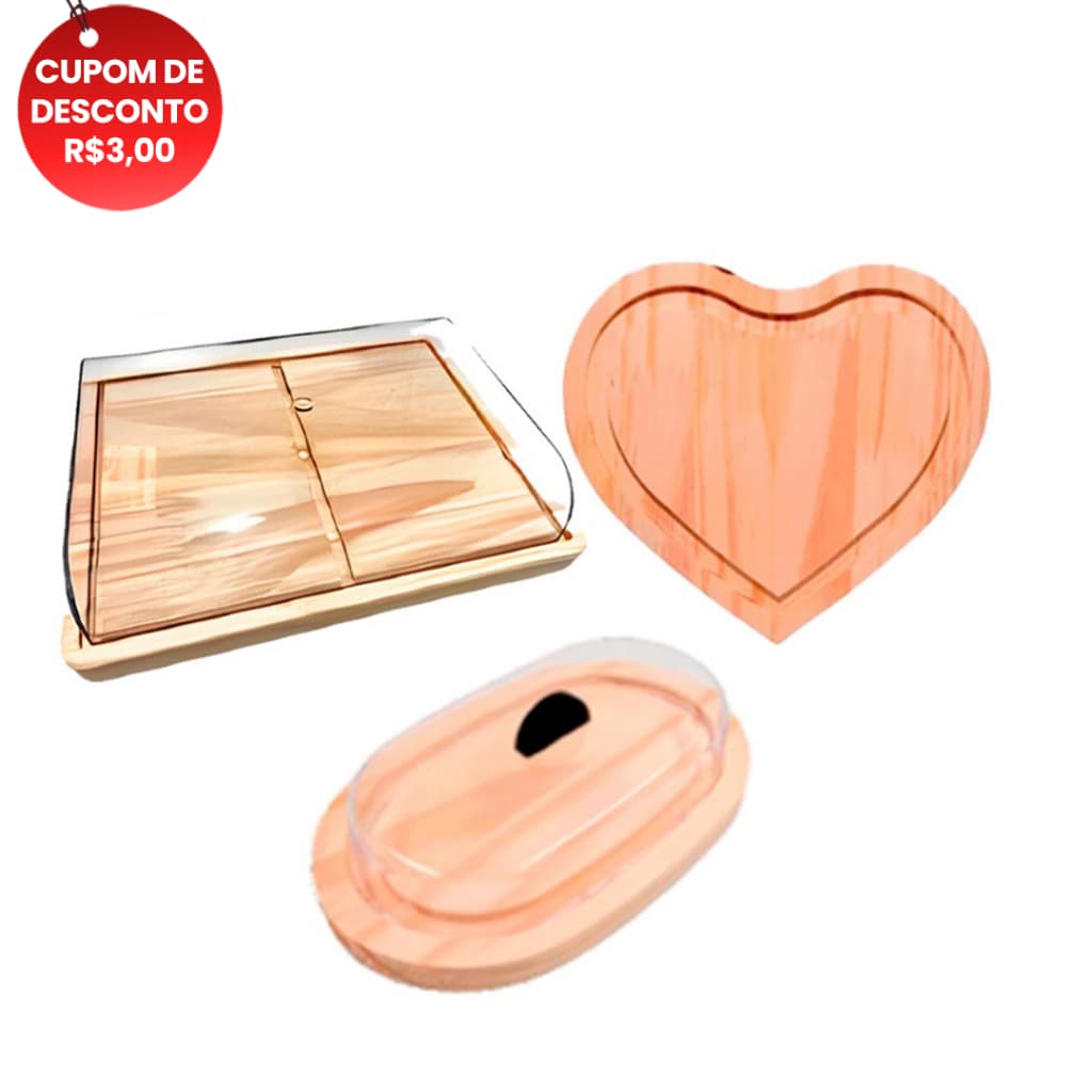 OFERTA 9.9 KIT 3pçs Porta Frios Médio (21X16,5cm), Manteigueira e Tabua Coração Madeira Natural