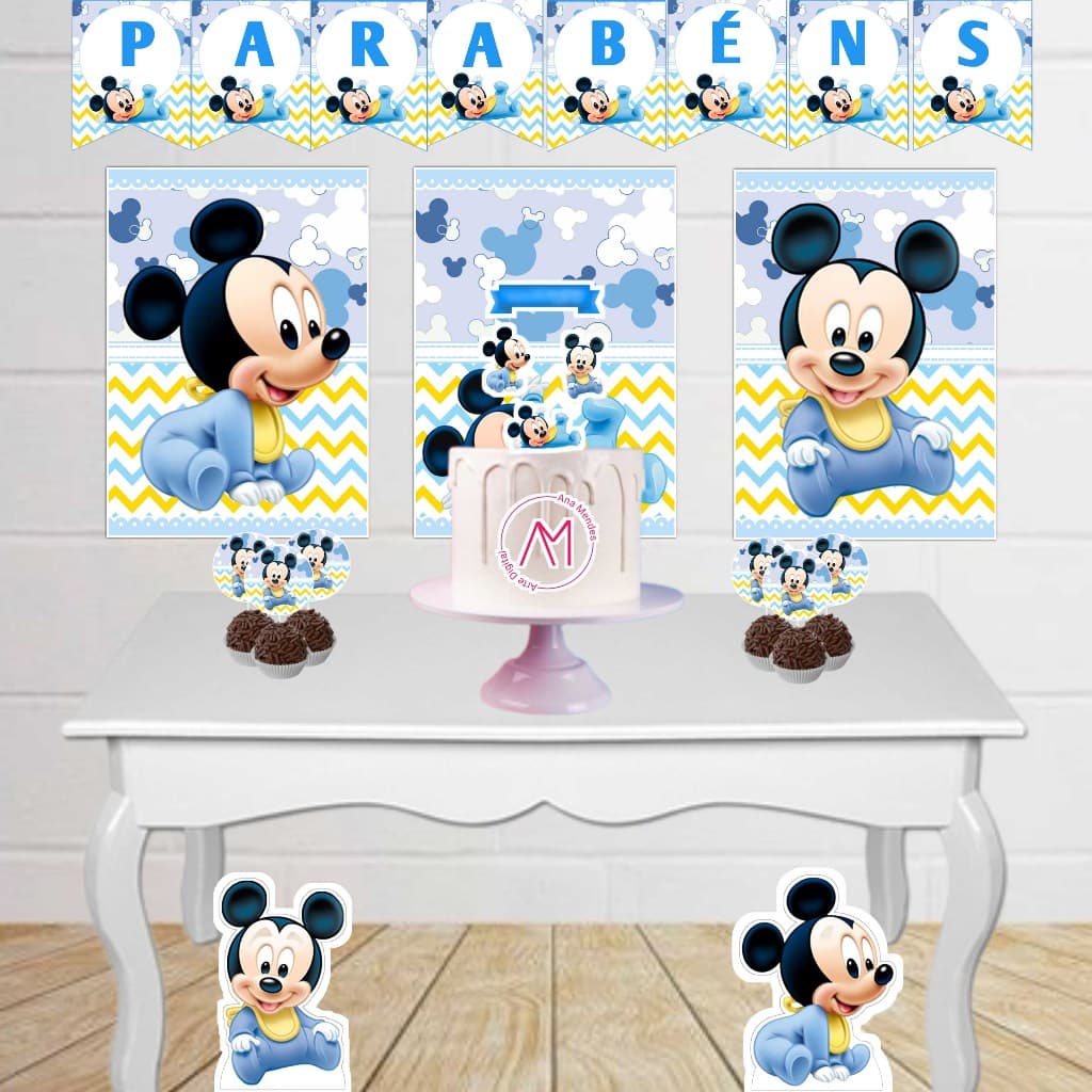 Kit Festa Infantil Mickey Baby Fácil Decoração Com Painel Display Toppers Topo de Bolo Só um bolinho