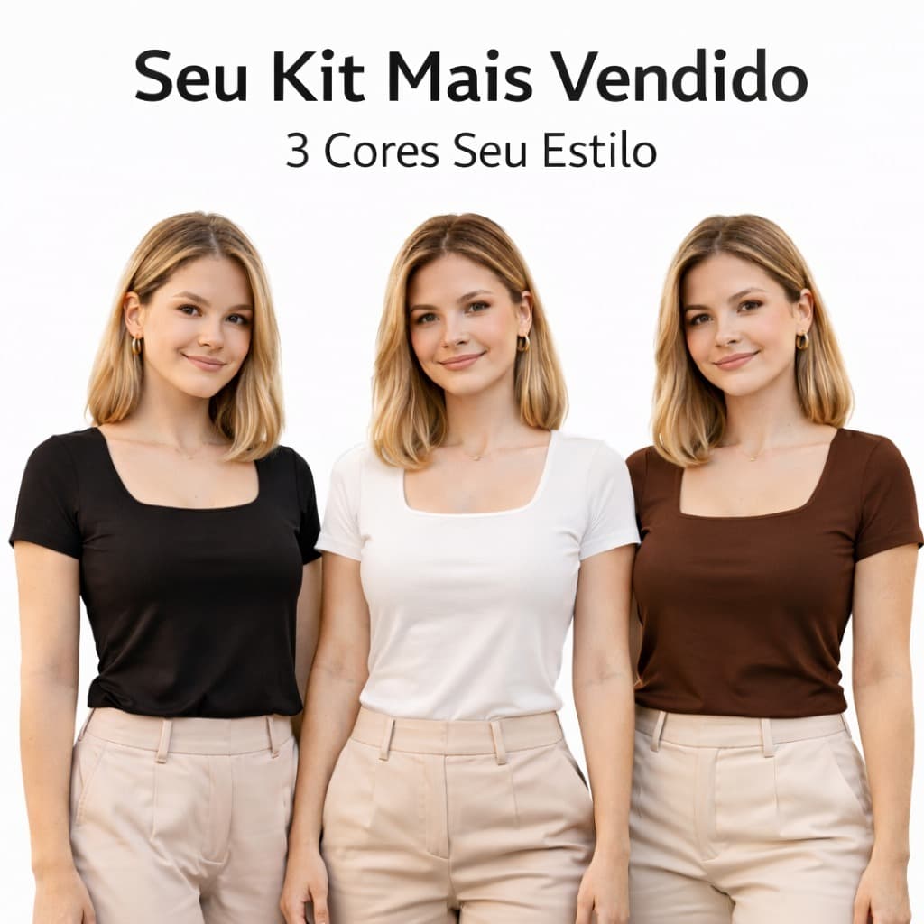 Kit 3 Blusinha Feminina Manguinha Decote Quadrado Suplex Elastano Básica Blogueira Tendência Dia a Dia Academia Casual