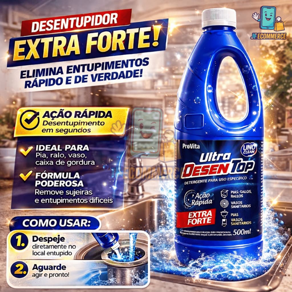Desentupidor Líquido Ultra DesenTop Alta Potência 500ml Pia Ralo Vaso Esgoto Gordura Rápido Fácil