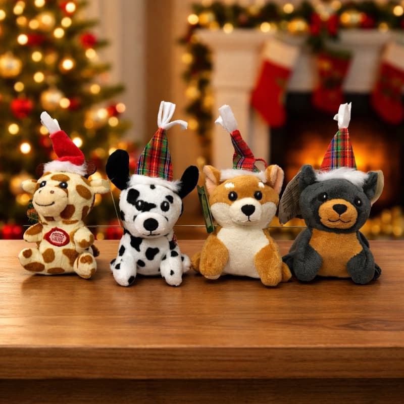 Pelúcia mini bichos musicais Feliz Natal e Feliz Ano Novo