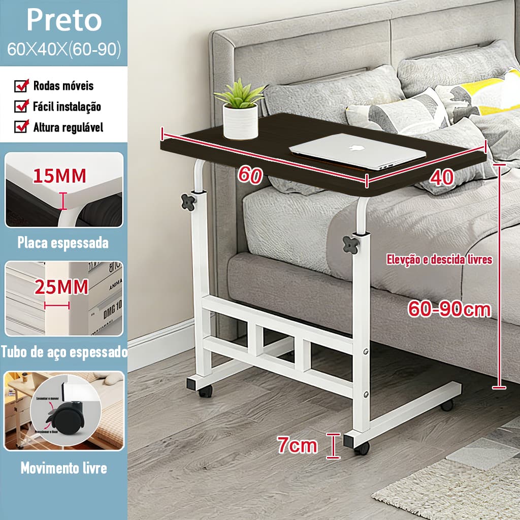 👉 Mesa Portátil para Notebook Ajustável com Rodinhas Multiuso para Cama e Sofá