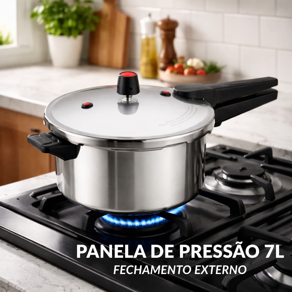 Panela de Pressão 7L Aço Polido Fechamento Externo Segura Rápida Cabo Baquelite Cozinha
