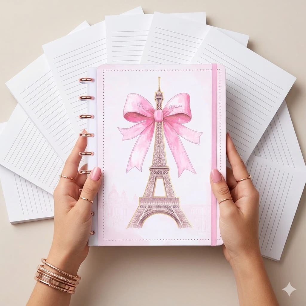 Caderno Disco Reposicionável Paris A4 Capa Dura 80 Folhas Torre Eiffel Rosa