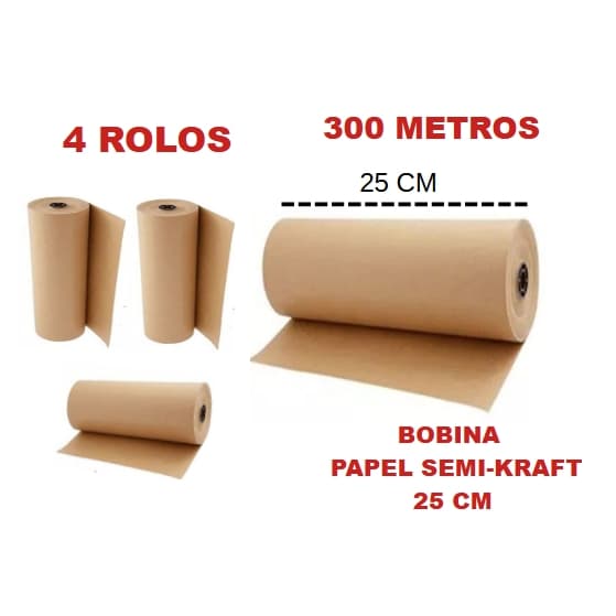 4 Bobinas Papel Semi Kraft Bobina 25cm Aprox. 4 KG (cada) Pardo Embalagem Caixa