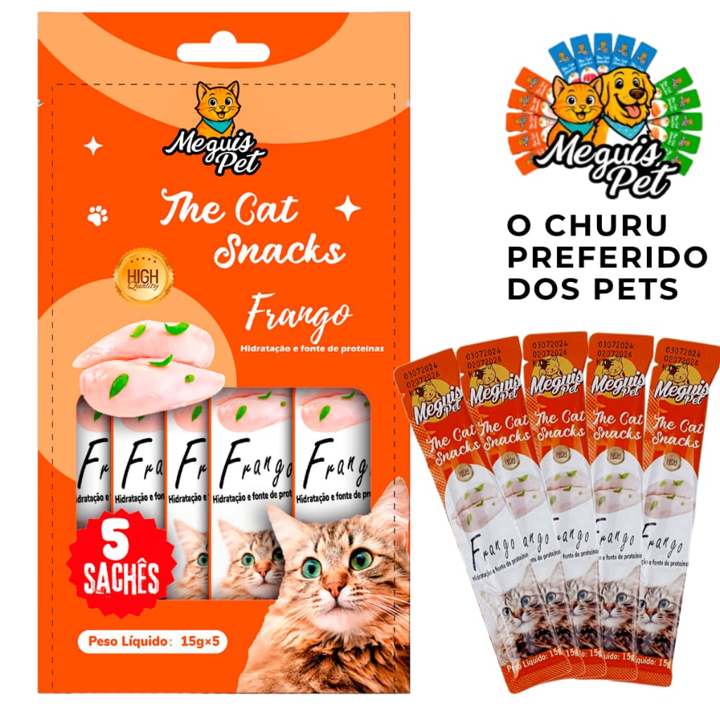 Petisco Churu Snack Cremoso p/Gatos Frango Tubetes 15gr Meguis Pet Natural Premium
